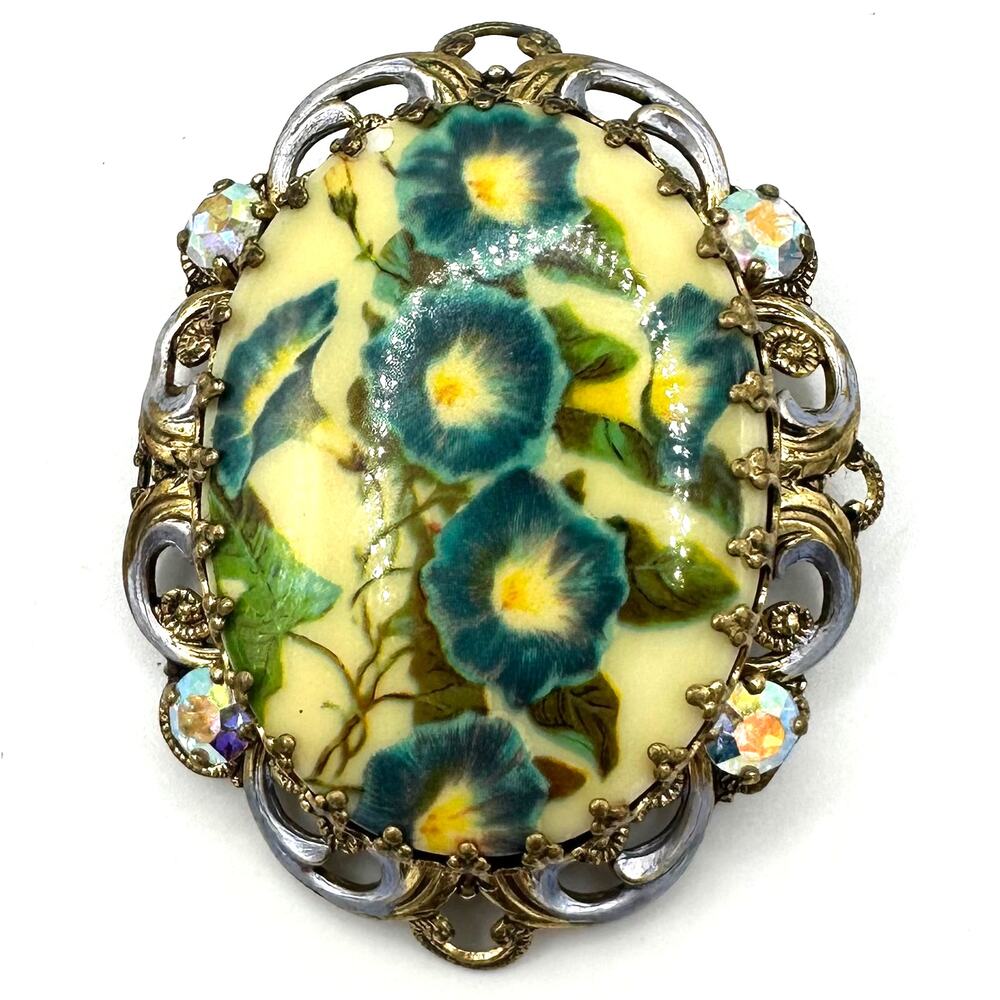 West Germany vintage gold tone floral portrait purple enamel rhinestones brooch